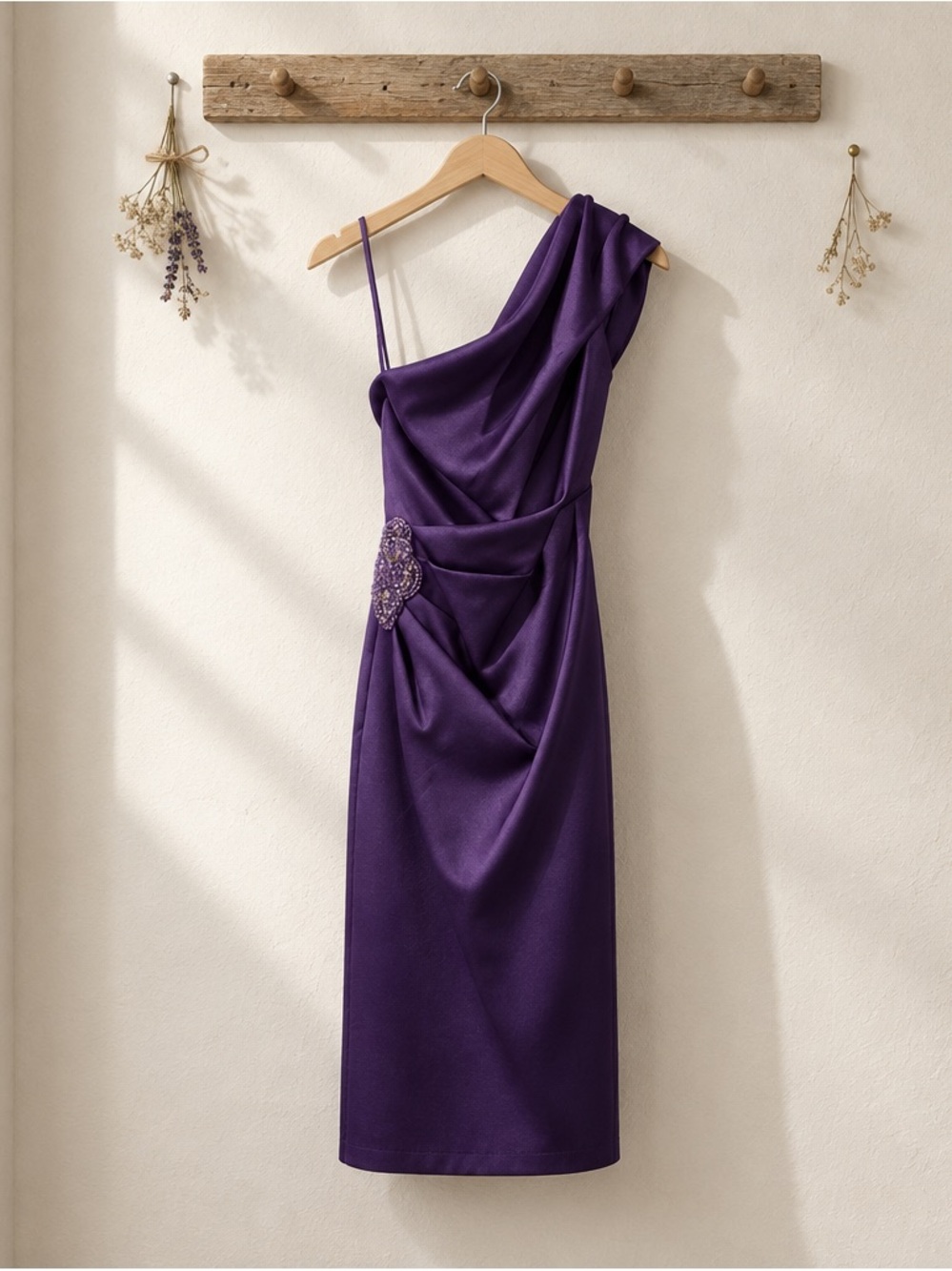 Eliza J One-Shoulder Purple Cocktail Dress with Beaded Side Detail
